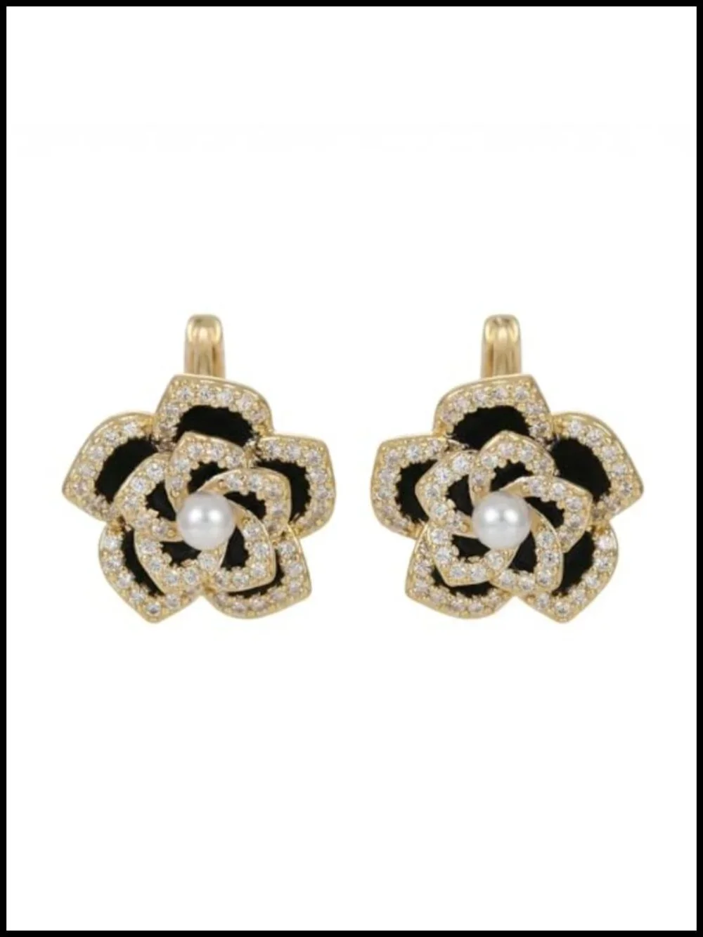 Black Rose Flower Huggie Hoop Earrings 925 Sterling Silver Pin Pearl CZ Floral